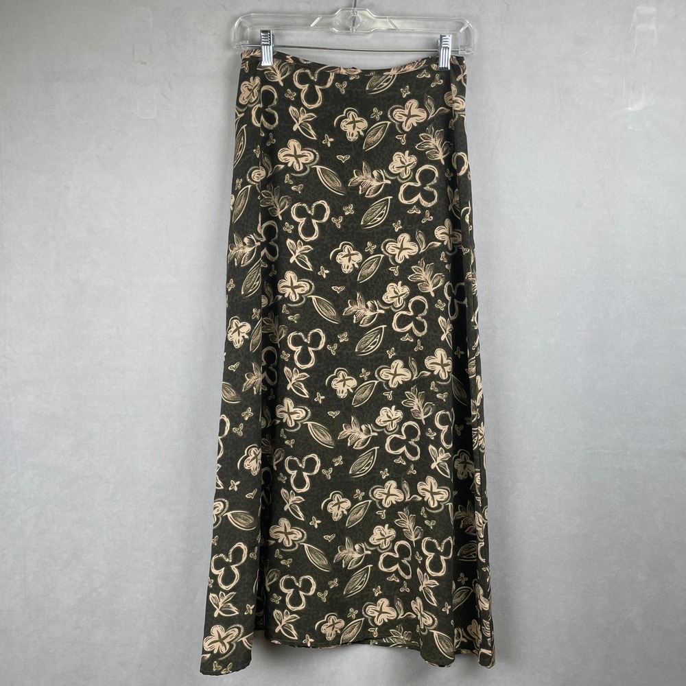VTG Wanted Clothing Floral Maxi Skirt Sz 7 Green Beige Boho A‎ Line Y2K USA Made